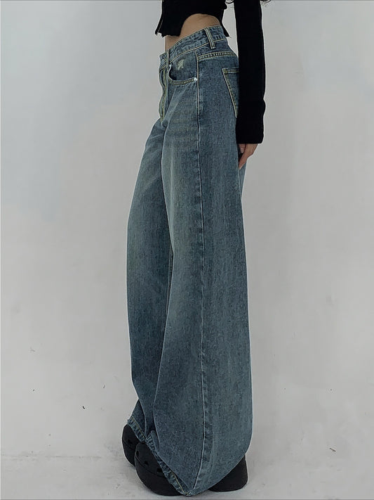 1-Pack Women's Wide-Leg Ultra-Long Floor-Length Ripped Loose-Fit Casual Jeans. Suitable for Streetwear, Daily Wear, Parties, and Outdoor Scenes. Sizes XS-XXL. Women's High-Stretch Denim Jeans, Loose Fit with White Stitching, All-Season Wear