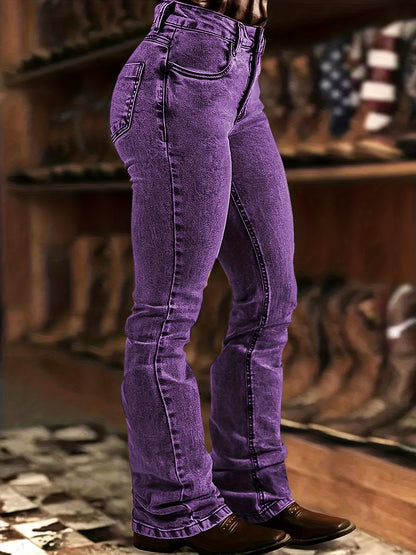 Women'S Purple Skinny Flared Denim Pants: Slim-Fit, Fashionable, Casual, Mid-Rise, Stretchy Denim Trousers
