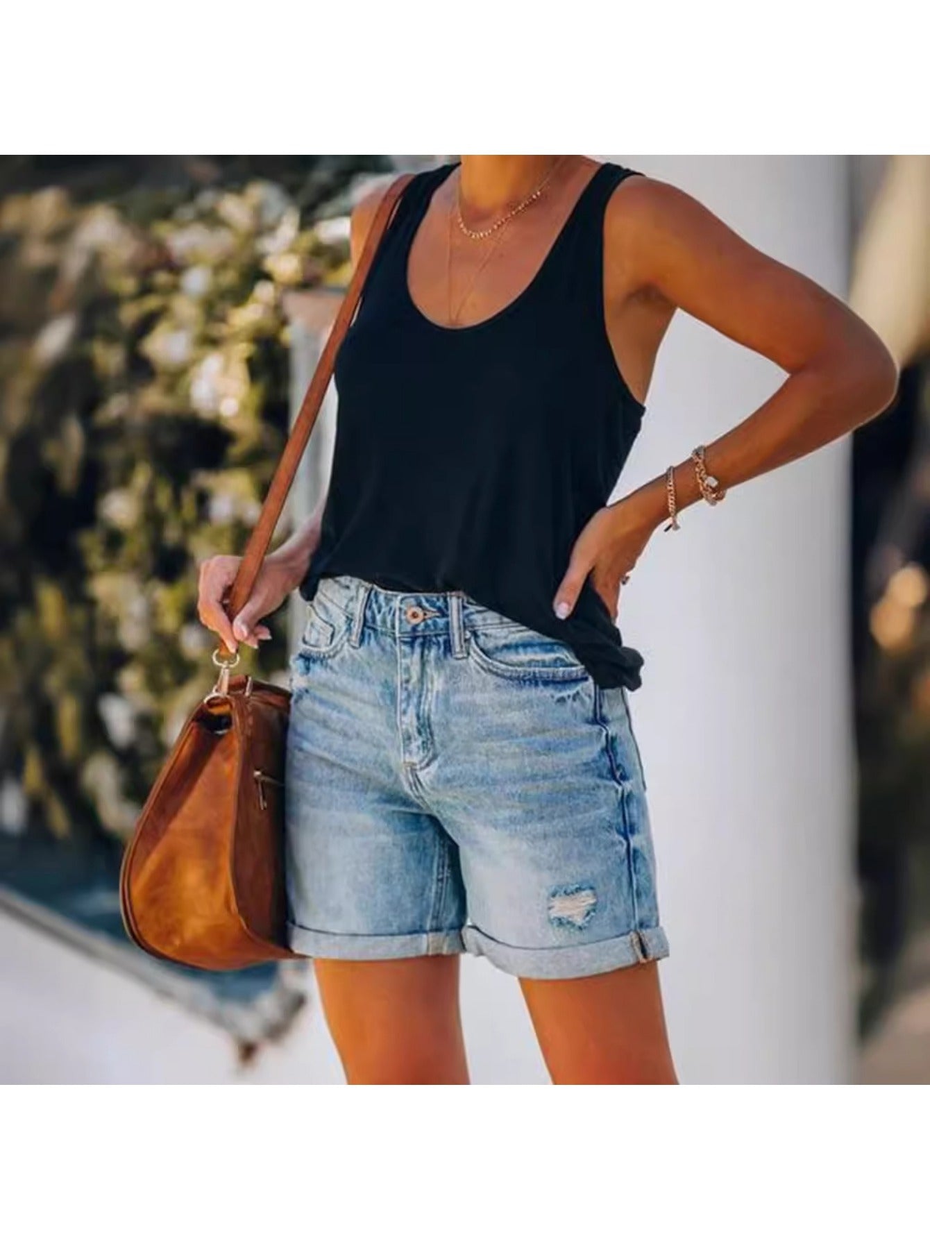 Women's Distressed Denim Shorts - Straight Leg, Light Wash with Rolled Hem & Cuffed Slash Pockets, Trendy Summer Streetwear, Casual & Versatile Fashion Essential, Jean Shorts