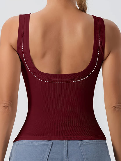 A Plain Scoop Neck Tank Top, Perfect for Casual Summer Wear, Featuring Removable Chest Padding for a Slim Fit, Designed for Women