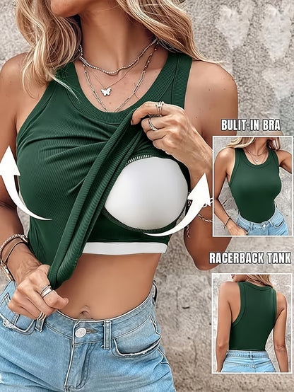 Women'S Padded Ribbed Vest-Seamless Sports Crop Top, with Underwear And Detachable Chest Pad, Breathable Yoga Fitness Base Shirt