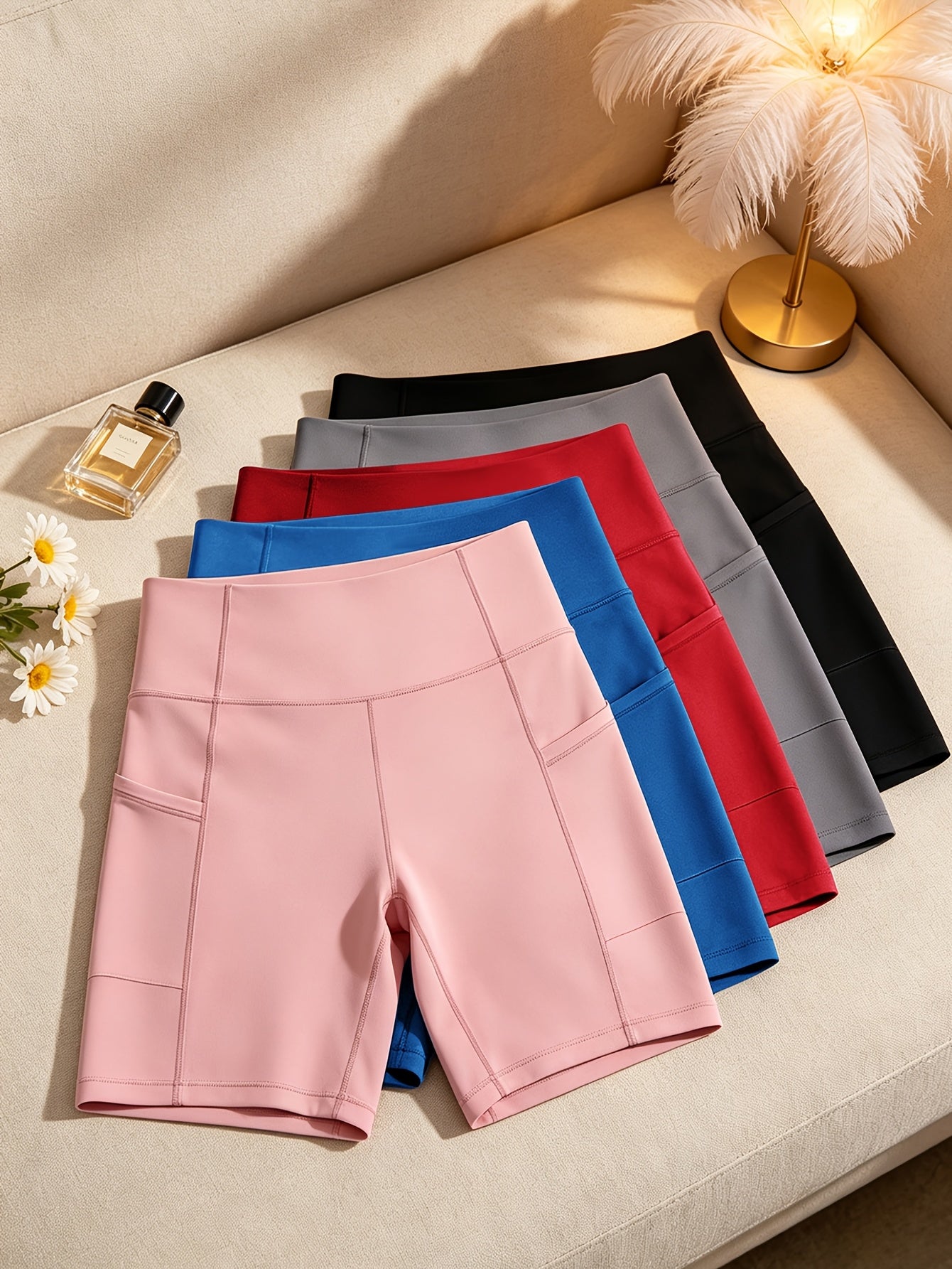 5 Packs Women Biker Shorts, High Waist Hip Lifting, Stretch Tight Fit, Side Pockets Shorts