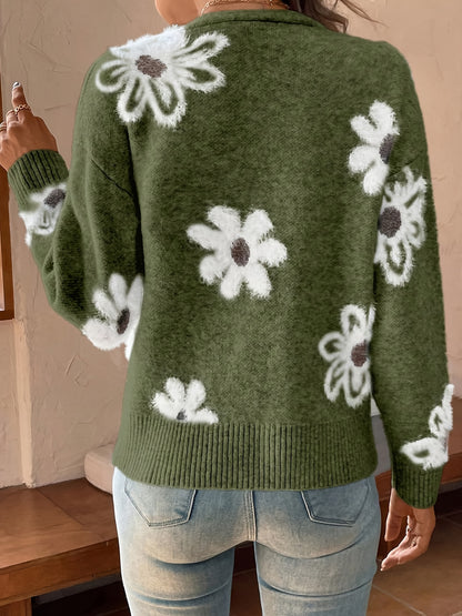Women's Printed Button Cardigan V-neck Drooping Shoulder Coat