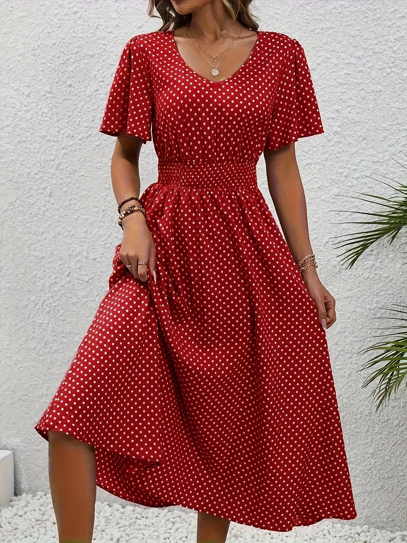 Women'S Long Dress in Pink with Polka Dots - Casual V-Neck, Ruffled Sleeves, Waist-Enhancing Style, Made of Lightweight, Ideal for Spring/Summer, Machine Washable