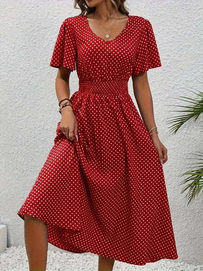 Women'S Long Dress in Pink with Polka Dots - Casual V-Neck, Ruffled Sleeves, Waist-Enhancing Style, Made of Lightweight, Ideal for Spring/Summer, Machine Washable