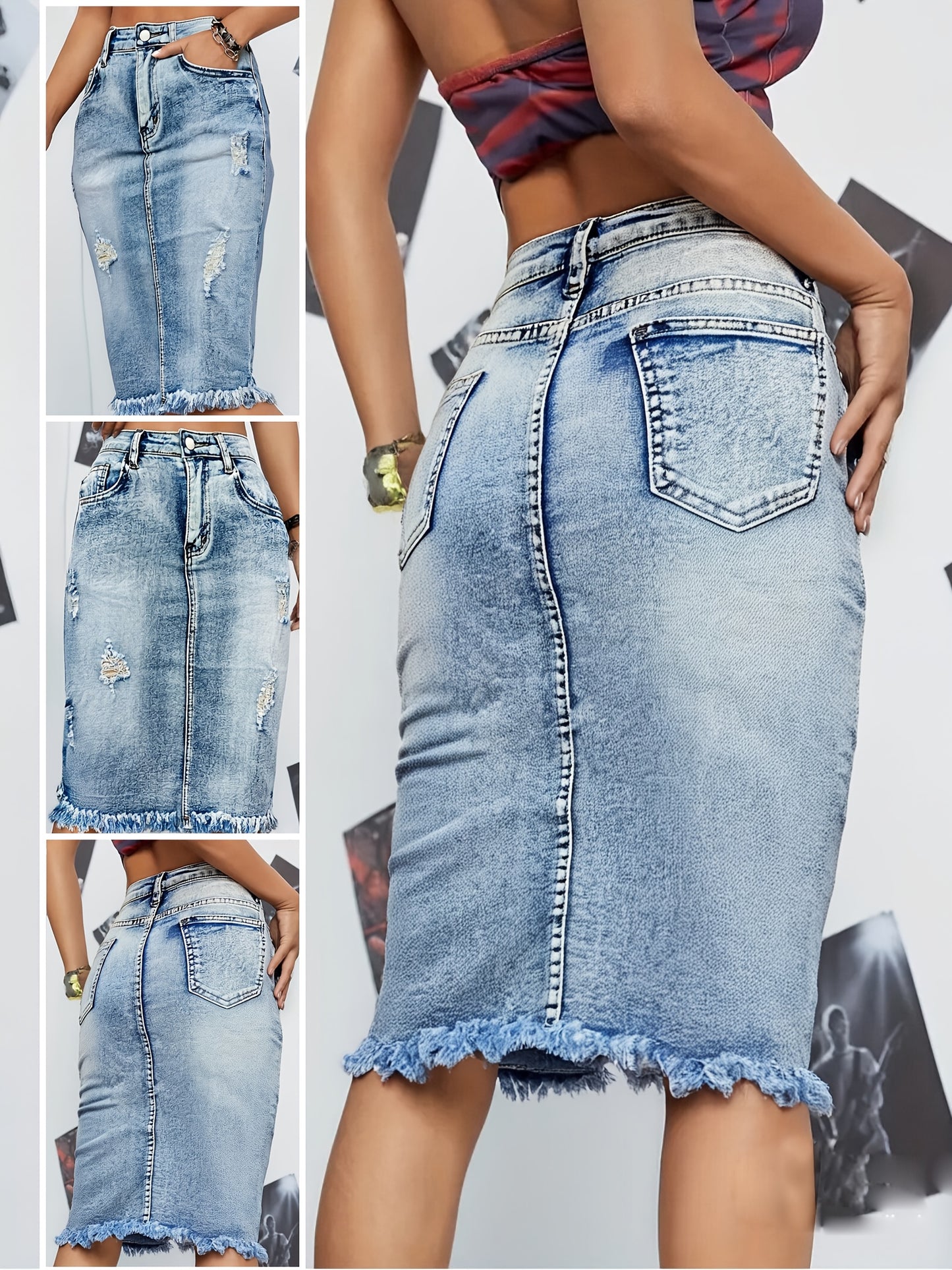 Women's High-Waisted Distressed Denim Skirt with Frayed Hem & Raw Details - Stretchy Light Blue Jean Skirt for Spring/Summer/Fall, Casual to Dressy Outfits, High Waisted Skirt, Seasonal Fashion, Ripped Texture