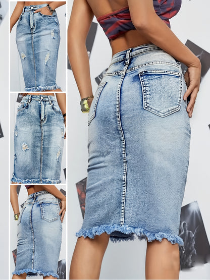 Women's High-Waisted Distressed Denim Skirt with Frayed Hem & Raw Details - Stretchy Light Blue Jean Skirt for Spring/Summer/Fall, Casual to Dressy Outfits, High Waisted Skirt, Seasonal Fashion, Ripped Texture