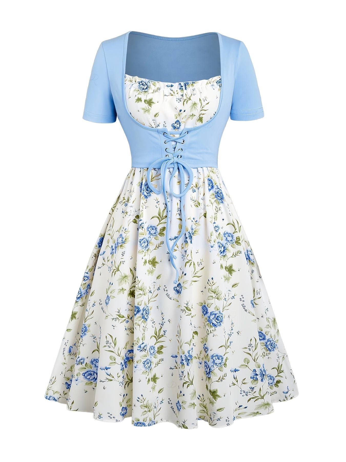 Floral Print Waisted Sleeveless Cami Dress And Solid Lace Up Short Sleeve Crop Top Set