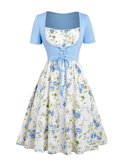 Floral Print Waisted Sleeveless Cami Dress And Solid Lace Up Short Sleeve Crop Top Set
