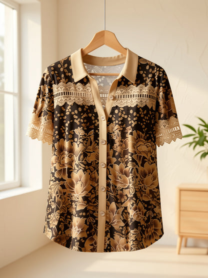 Plus Size - Plus Size - Women Short Sleeve V-Neck Lace Stitching Hollow Floral Print Top