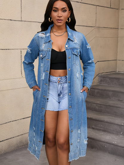 Long Ripped Denim Jacket with Real Pockets, Casual Windbreaker