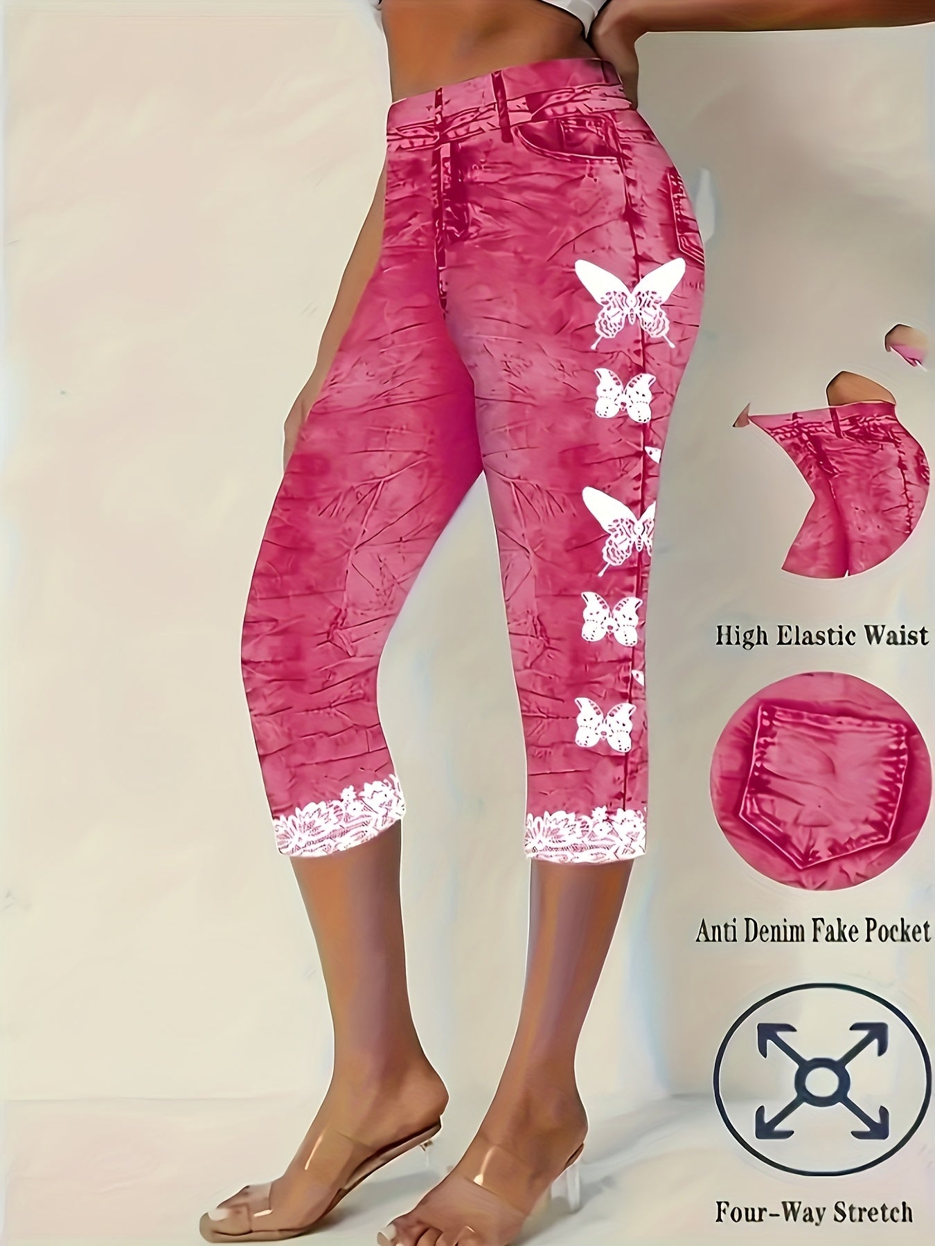 Two-Pack, Not Made of Faux Denim, Imitation It, Digital Print Capri Leggings, 3/4 Length, Elegant Style, Butterfly Pattern, Suitable for All Seasons, Adult Use, Skinny Fit, Four-Way Stretch, with Anti-Faux Denim Fake Pocke