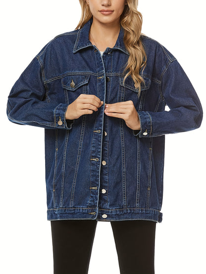 Women's Fashion Denim Jacket - Oversized, Long Sleeve, Mid-Length, Jean Biker Coat