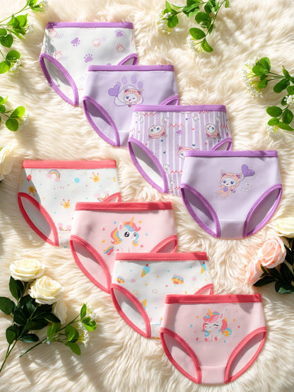 Set of 8 Girls' Underwear, Soft And Breathable, Featuring Adorable Cartoon Designs
