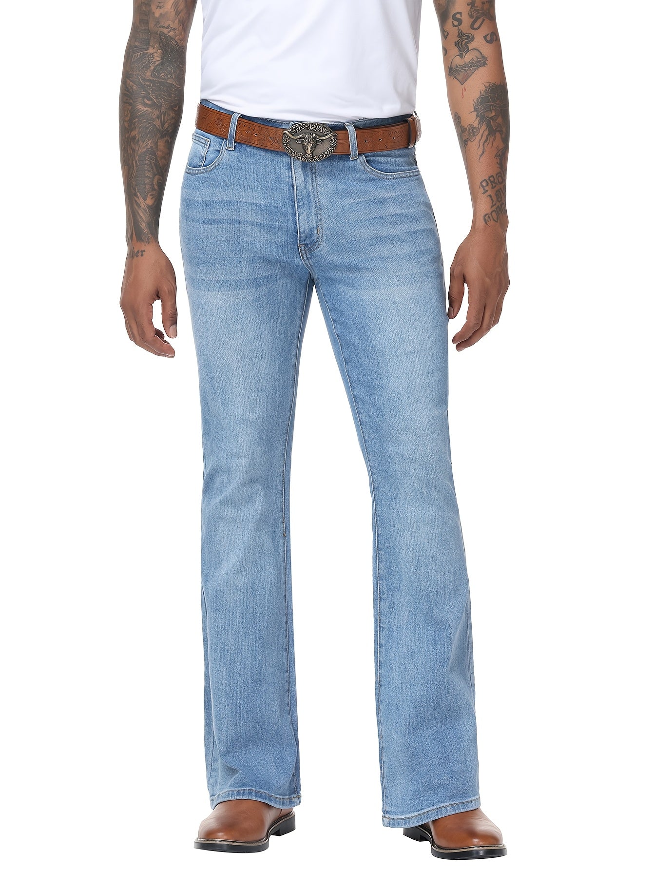 Men's Vintage 70s Retro Bell Bottom Jeans - Wide- Flare Pants with Mid-Stretch Blend, Beltless Suitable for Disco Parties, Night Out & Casual Attire, Machine Washable Mid-Rise Bottoms