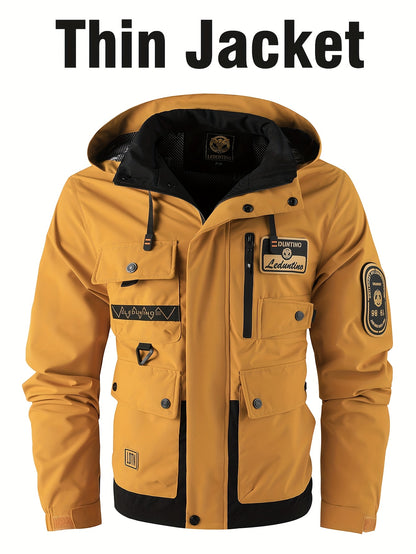 Men's Fashion New Jacket Men's Spring Autumn Thin Casual Multi-Pocket Outdoor Windbreaker Stitching Color Jacket Jacket Men's Removable Hat Windproof Outdoor Jacket Male