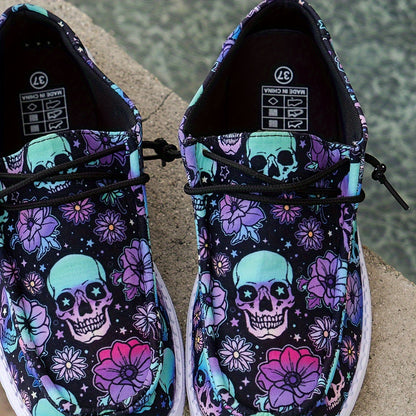 [Halloween] Vibrant Style Women's Day Of The Dead Skull Pattern Sneakers - Breathable, Halloween Casual Shoes With Elastic Strap, Vibrant Floral And Skull Design, Lightweight Flat Loafers For Festive Occasions, Women Shoes