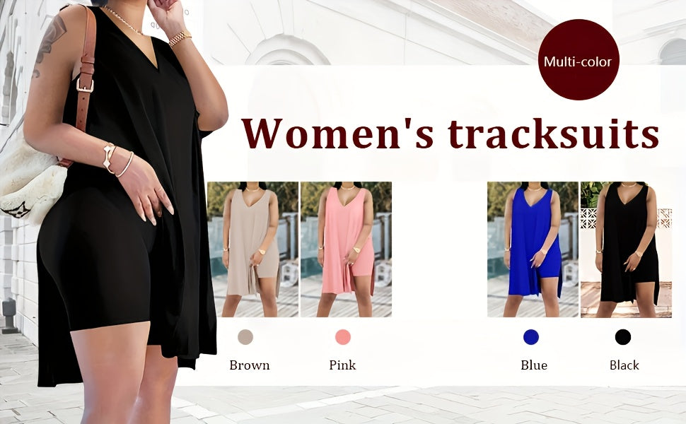 Black Polyester V-Neck Sleeveless Shorts - product view 5
