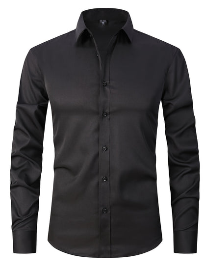 Men's Slim Fit Muscle Shirt - Stretch Polyester Blend Long Sleeve for Body Contouring | Glossy Solid Color Workout & Casual Shirt | Spring/Fall Gym-to-Street Wear (Hand Wash)