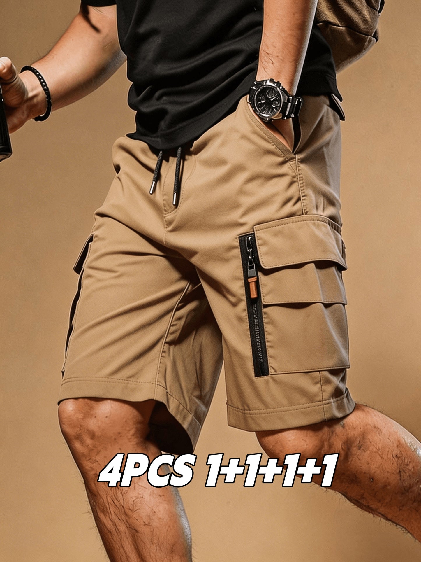 4 pc Men Summer Cargo Shorts Elastic Drawstring Multi Zipper Pockets Lightweight Quick Dry Athletic Shorts Casual Workout Hiking Running Outdoor Sweat Shorts Ideal Gift for Men Guys