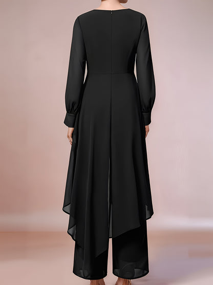 Ladies' Elegant Two-piece Set, Fashionable Chiffon Top with Flowing Sleeves, Wide-leg Pants, And Stylish Accessories - A Must-have Party Dress Pants Set for All Seasons.