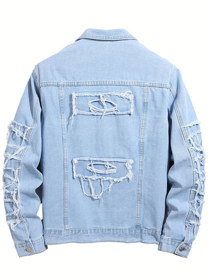 Men'S Ripped Denim Jacket Slim Fit Jean Outerwear Streetwear Casual Coat