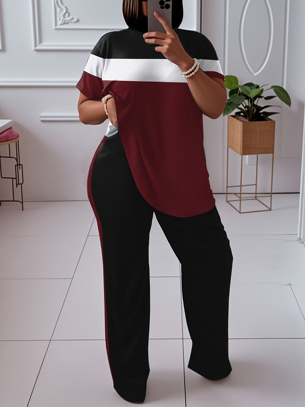Women's Two-Piece Pants Set - Color Block Casual Look 4805