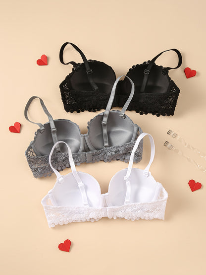 3pcs Half-cup Sexy Lace Lingerie Women'S Bra With Steel Band And Adjustable Shoulder Straps