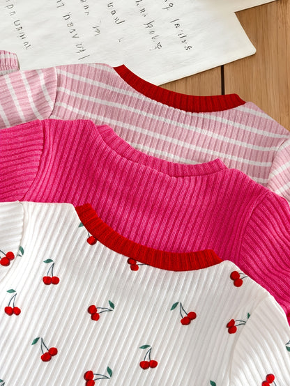6pcs Set Of Girls' Summer New Cherry Fruit Pattern Short-sleeve And Shorts Comfortable Outfit, Perfect for Outdoor