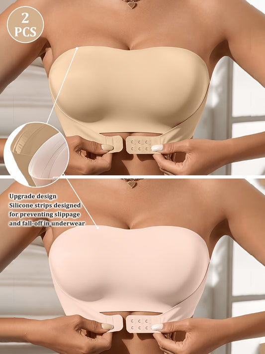 Two-Piece Women'S Mixed Color Strapless Bra with Front Closure, Perfect for Off-Shoulder Dresses And Wedding Gowns, Comfortable Lingerie Strapless Bandeau Bra, Front Closure Wire-Free Bra, Summer Seamless Breathable Bralette