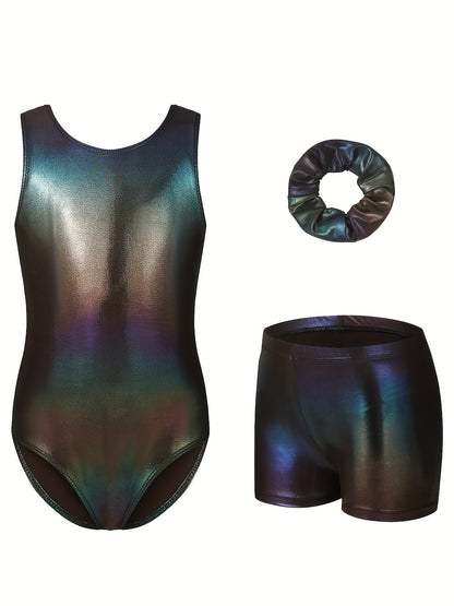 Girls' Sleeveless Gymnastics Bodysuit + Shorts + Headwear, Perfect for Outdoor