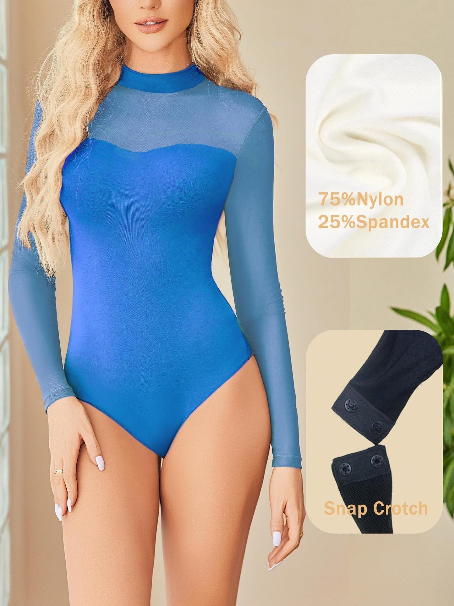 Sexy Mock Turtle Neck Sheer Mesh Long Sleeve Bodysuit Shirts Ruched Body Suit Leotard Tops