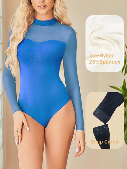 Sexy Mock Turtle Neck Sheer Mesh Long Sleeve Bodysuit Shirts Ruched Body Suit Leotard Tops