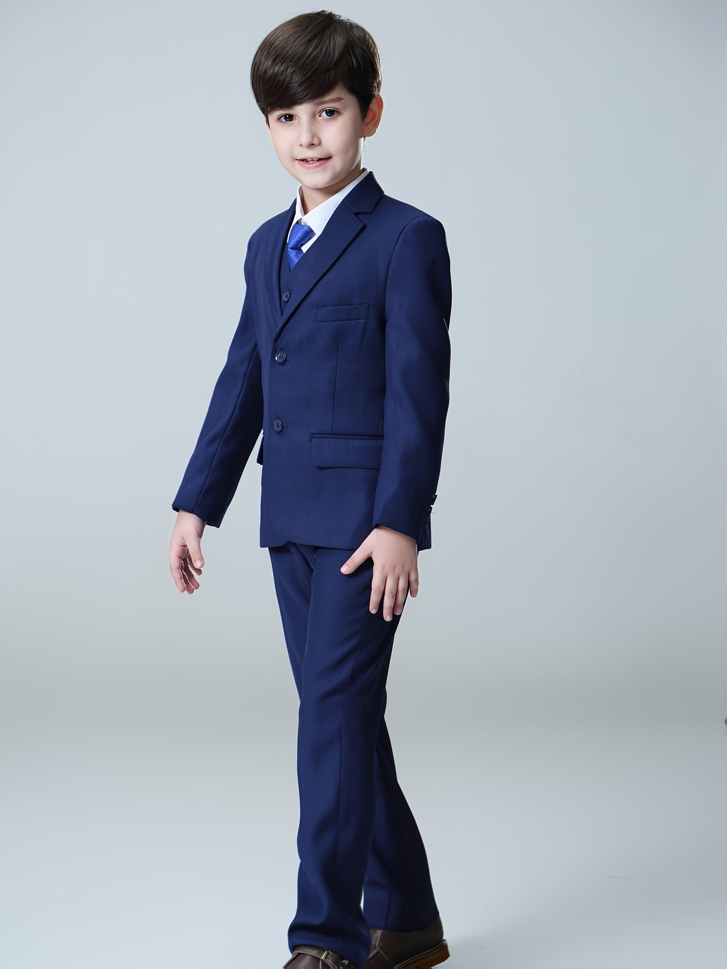 NIMBLE Boys Formal Suit Set Jacket Vest Trousers 3pcs 3-13Y Children Party Clothes Host Wedding Available In Four Colors Blue Black Khaki Navy Blue