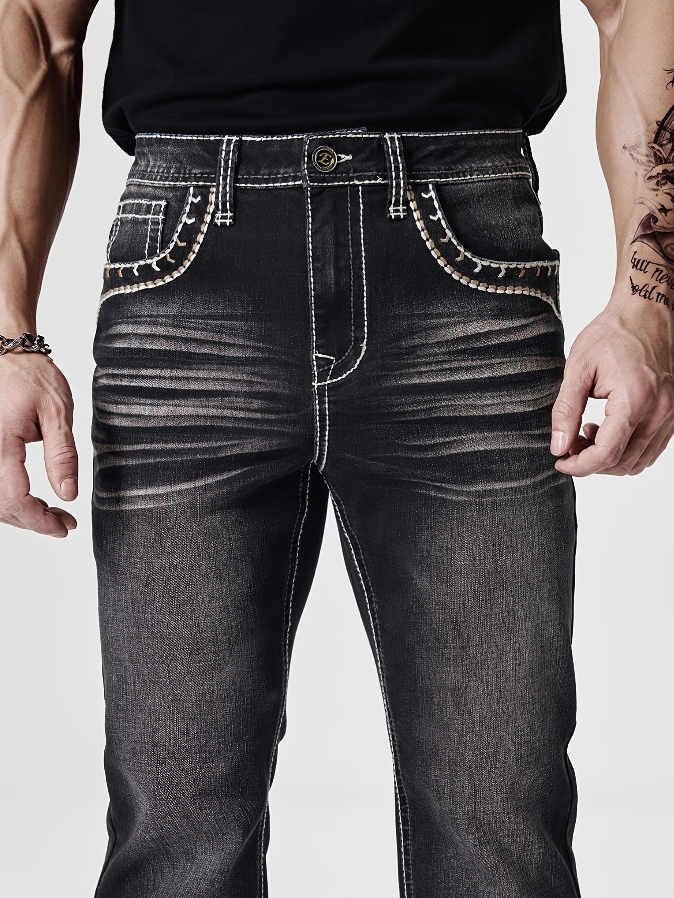 ESDVQ Men's Slim-Fit Classic Washed Denim Bell-Bottom Jeans - Mid-Stretch Machine-Washable Flared Pants with Suitable for All-Season Wear, Comfortable Stretchable Bell-Bottoms for Casual & Dressy Outfits