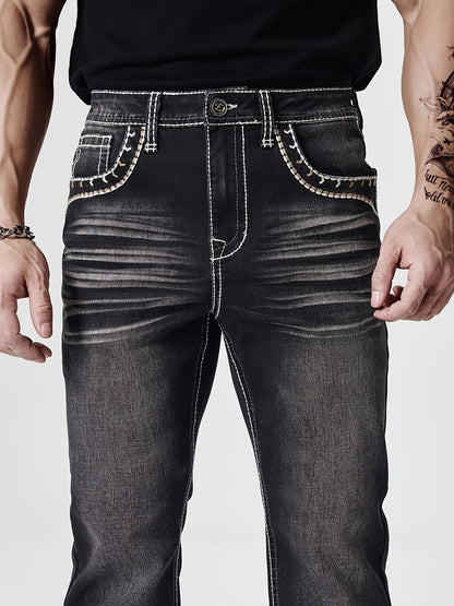 ESDVQ Men's Slim-Fit Classic Washed Denim Bell-Bottom Jeans - Mid-Stretch Machine-Washable Flared Pants with Suitable for All-Season Wear, Comfortable Stretchable Bell-Bottoms for Casual & Dressy Outfits