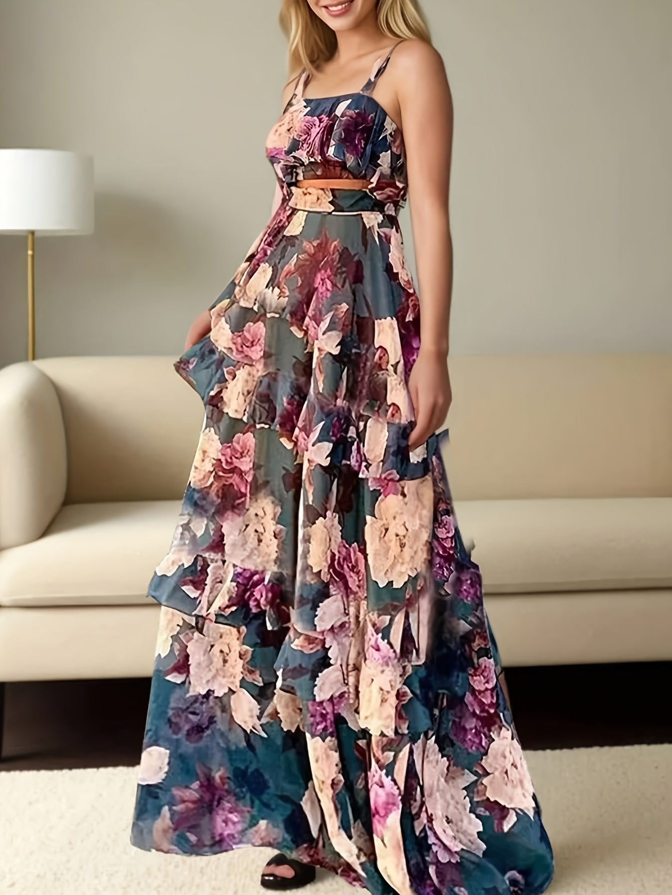 Spring/Summer New Beach Edge Holiday Style Printed Two-Piece Peplum Halter Top Cake Skirts Boho Skirts Casual Suit