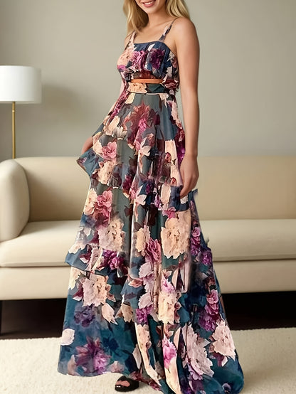 Spring/Summer New Beach Edge Holiday Style Printed Two-Piece Peplum Halter Top Cake Skirts Boho Skirts Casual Suit