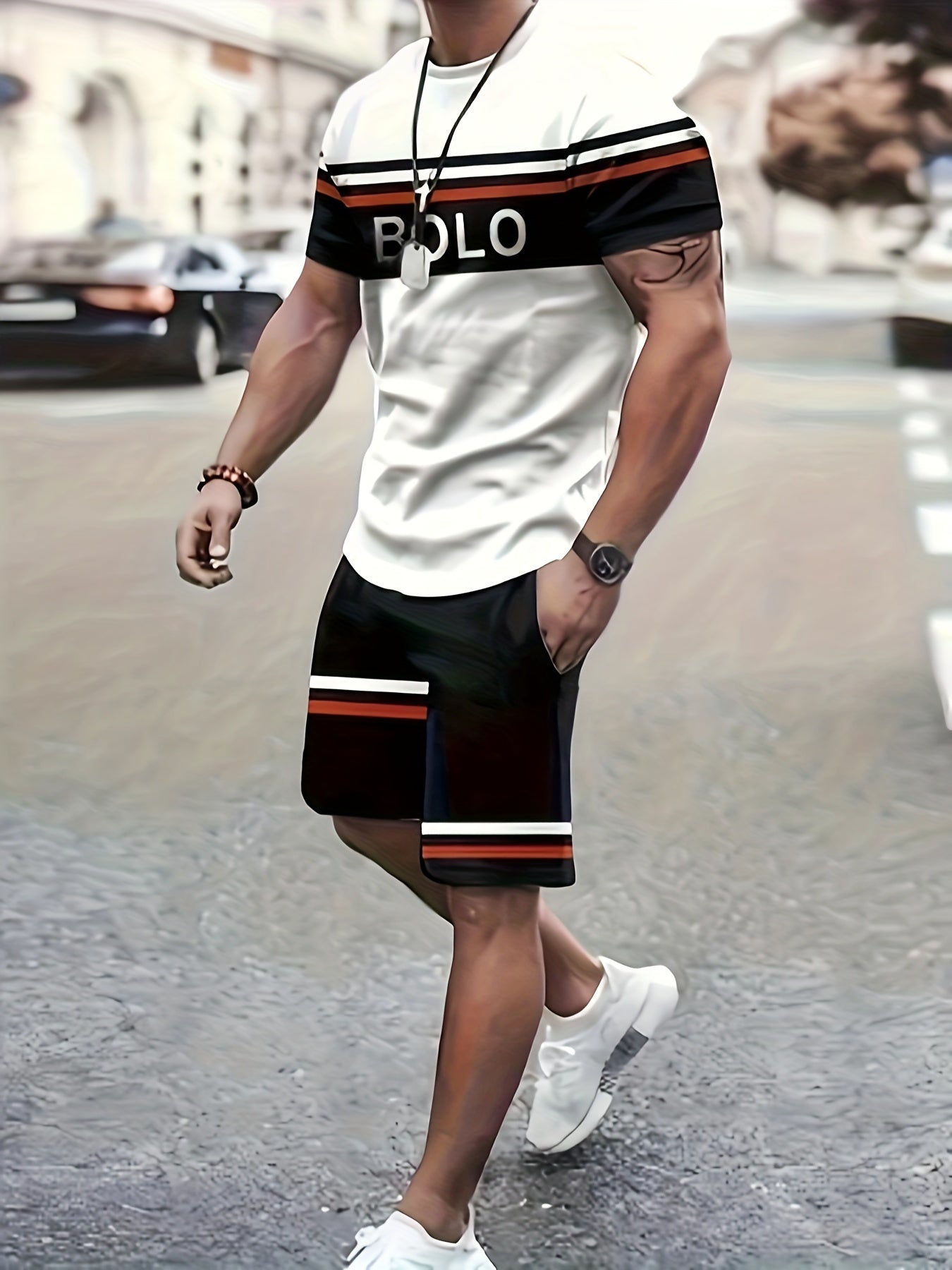 2pcs Casual Sports Suit-soft 100% Polyester Round Neck T-shirt And Shorts-breathable, Slightly Stretched And Patterned for Spring/summer Beach Outings