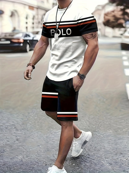 2pcs Casual Sports Suit-soft 100% Polyester Round Neck T-shirt And Shorts-breathable, Slightly Stretched And Patterned for Spring/summer Beach Outings