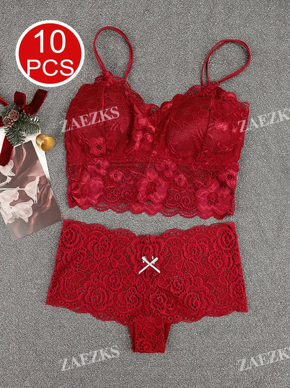 10pcs Of Women'S Underwear And Panties Combination Set Without Steel Rims, Comfortable Daily Exquisite Lace Bra Base, Beautiful Back, Seamless Suspender With Chest Cushion, Detachable Bra, Lace Underwear, Women'S Underwear And Panties