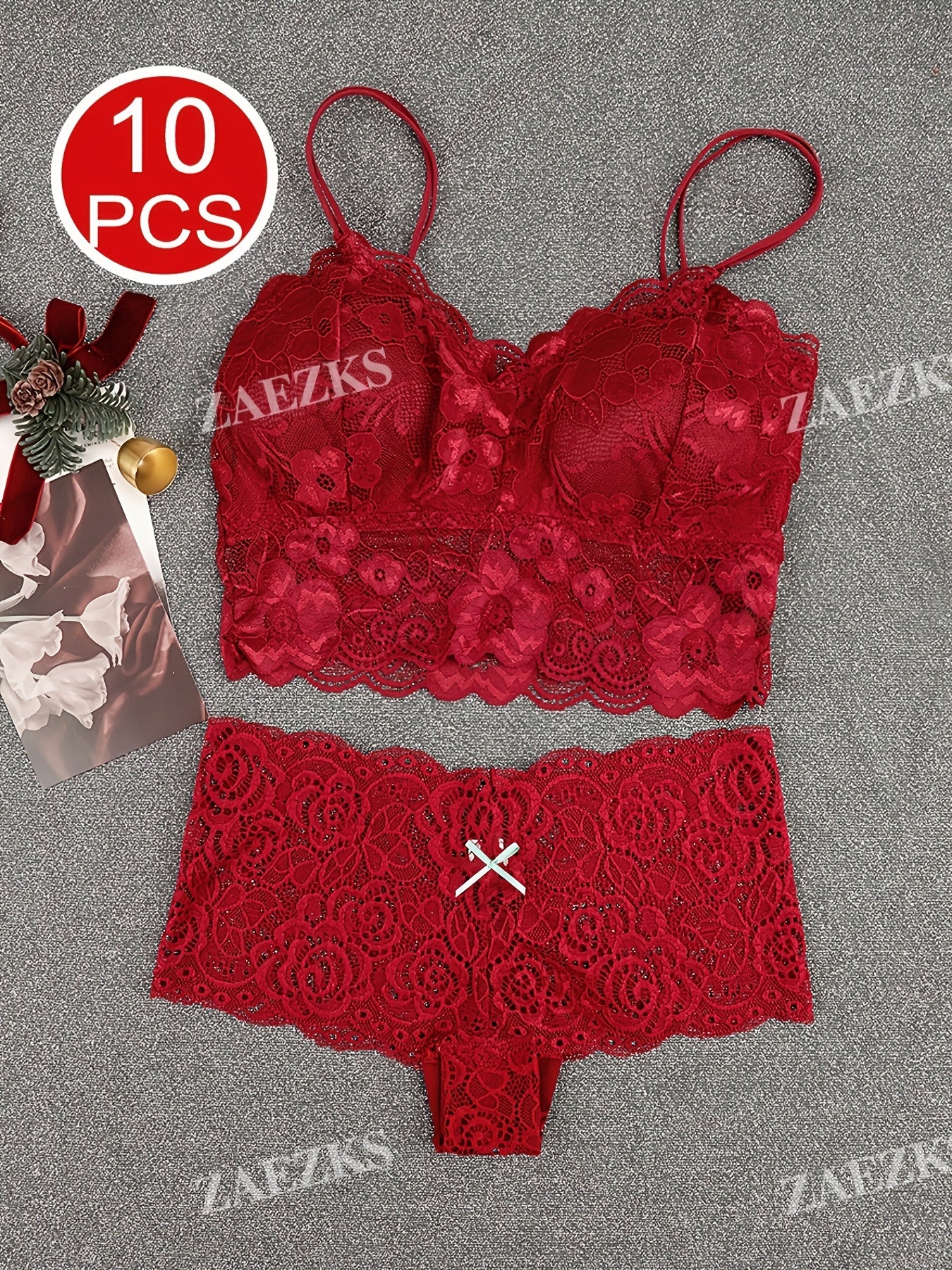 10pcs Of Women'S Underwear And Panties Combination Set Without Steel Rims, Comfortable Daily Exquisite Lace Bra Base, Beautiful Back, Seamless Suspender With Chest Cushion, Detachable Bra, Lace Underwear, Women'S Underwear And Panties