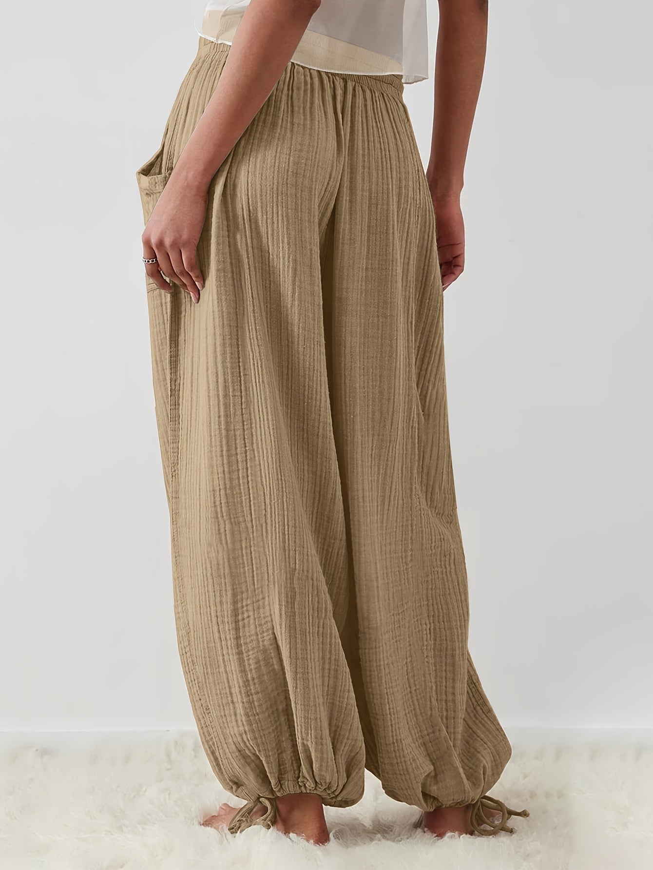 Autumn And Winter Women's Casual Pants, Khaki, Pockets, Wide Legs, Drawstring, Loose Fit, Everyday Commuting Wide-leg Pants.