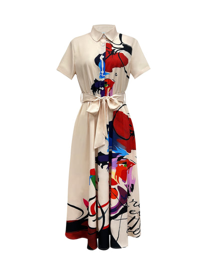 Women's Floral Print A-Line Dress with Button Front & Collared Short Sleeves - Vibrant Spring Summer Fall Casual Elegant Midi Dress, Machine Washable, Seasonal Wardrobe, Breathable Material, Adult Clothing