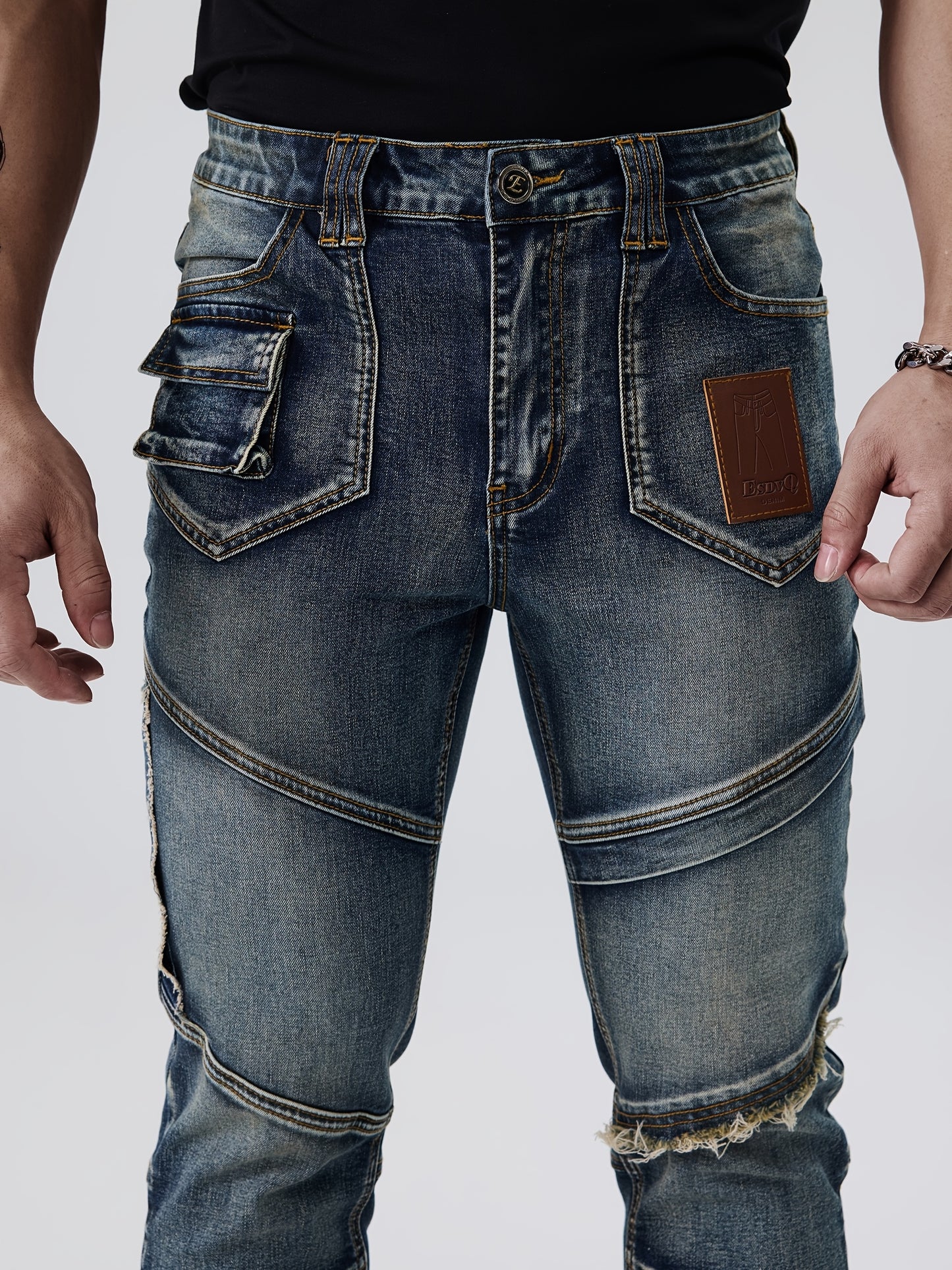 ESDVQ Men's Fashion Patchwork Vintage Washed Jeans - Slim Fit, Stretch Denim with Pockets, Casual Style, Machine Washable - Dark Blue with Light Blue & Black Accents