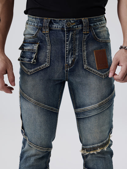 ESDVQ Men's Fashion Patchwork Vintage Washed Jeans - Slim Fit, Stretch Denim with Pockets, Casual Style, Machine Washable - Dark Blue with Light Blue & Black Accents