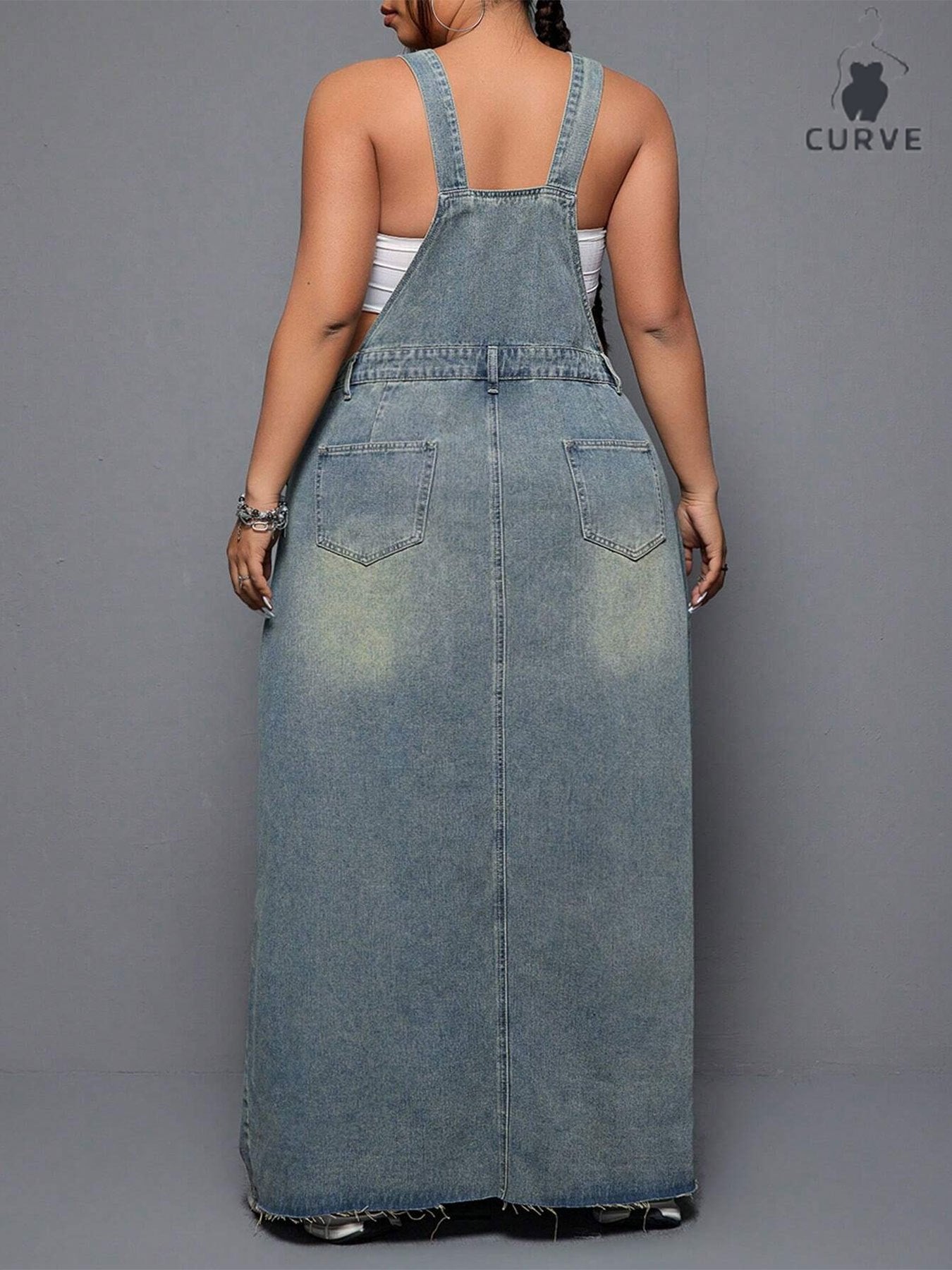 Women's Plus - Size Denim Overall Dress, High - Waisted, Washed & Distressed, Raw Hem, Adjustable Straps, Casual Long Jean Dress