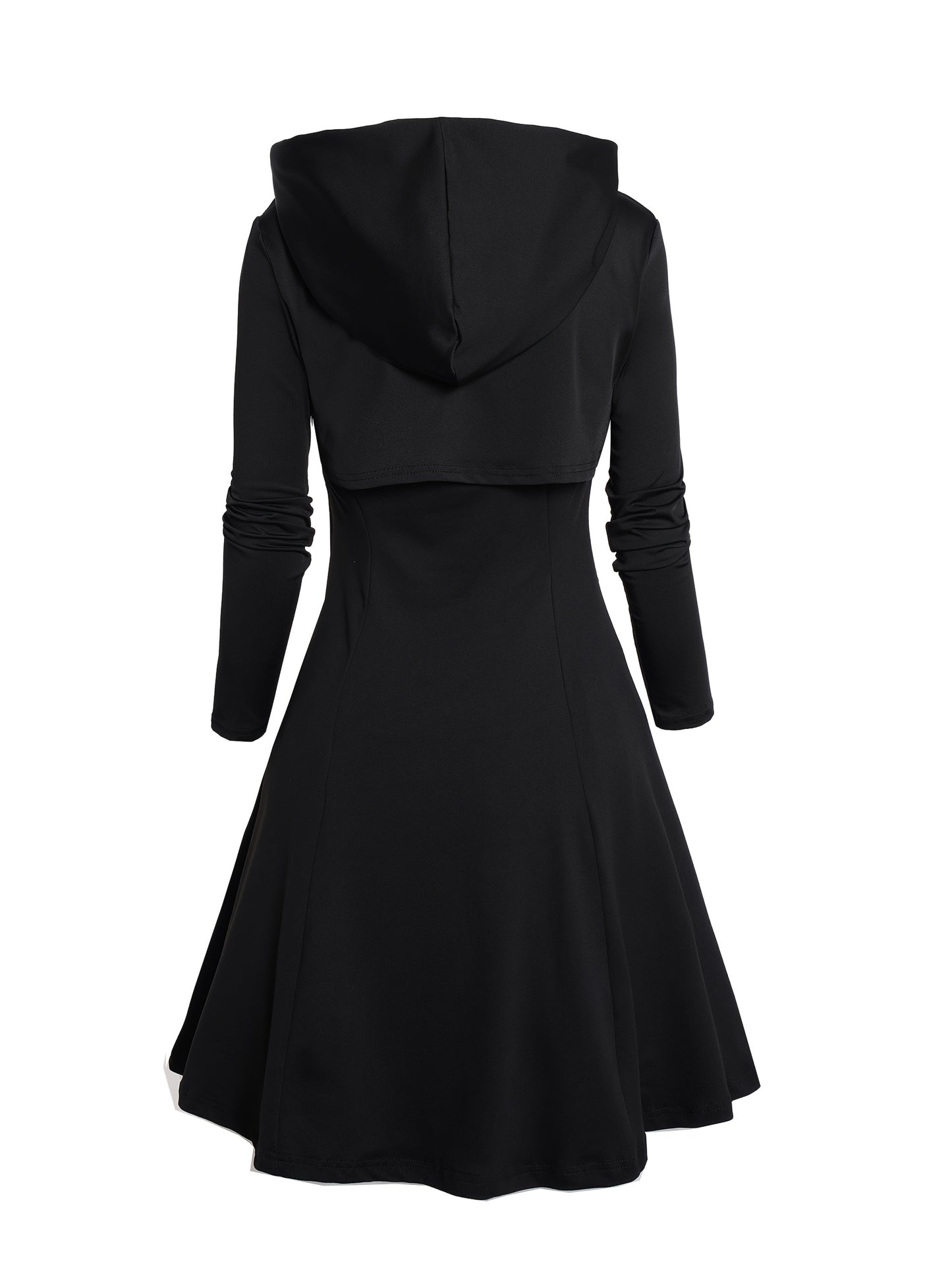 Rock Gothic Metal Piece Decorated V-Neck Vest Dress with Hooded Long Sleeve Top Two-Piece Set, Unique Gothic Style Detachable Chain Vest Skirt and Curved Hem Caped Long Sleeve Shirt, Versatile Separates Women's Outfit for Party and Casual Wear