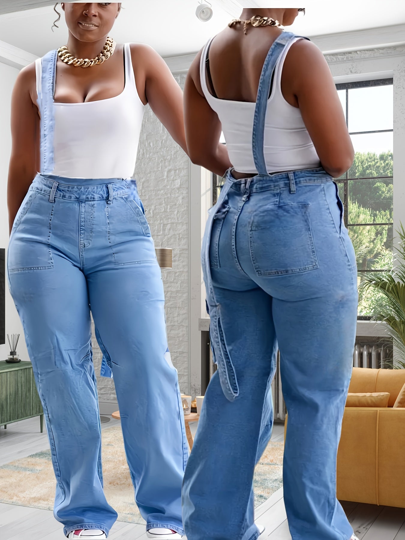Stylish Women'S Boyfriend Denim Overalls - Relaxed Loose Fit with Utility Cargo Pockets, Comfortable Casual Jumpsuit