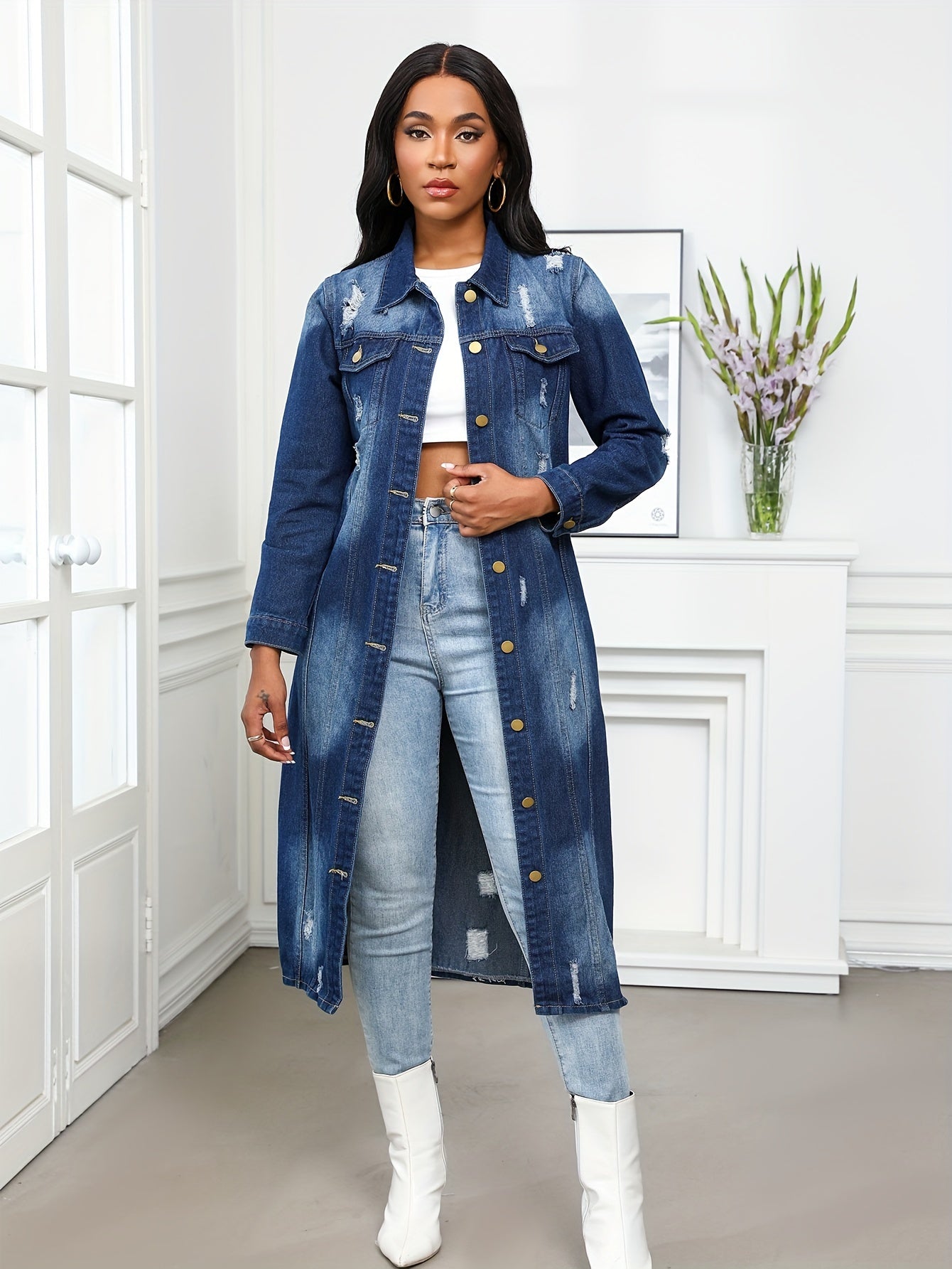 Long Denim Coat with Worn Holes Long Denim Trench Coat for Women